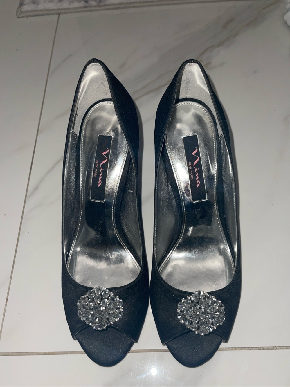 ANNA New York Black Satin Peep-Toe Pumps with Crystal Brooch